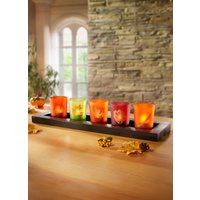 Glas-Teelichthalter mit Holzbrett, Bunt