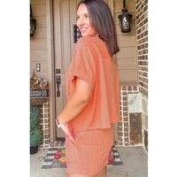 Hellkastanienfarbener strukturiertes Patch-Taschen Kurzarmpullover und Shorts-Set mit Zugband