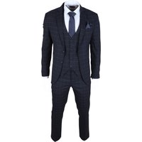 Herren Marineblau Karierter 3-Teiler Anzug Maßgeschneiderte Passform