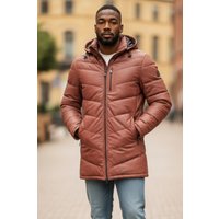 Herren-Steppjacke aus hellbraunem Leder mit Kapuze, Puffer-Wintermantel – Summit