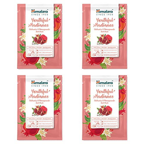 Himalaya Youth Radiance Edelweiss & Pomegranate Face Sheet Masks, Single Use Cotton Facial Sheet Mask Antioxidant Rich to Rejuvenate and Revitalize Skin | with Hyaluronic Acid, Count of 4 von Himalaya