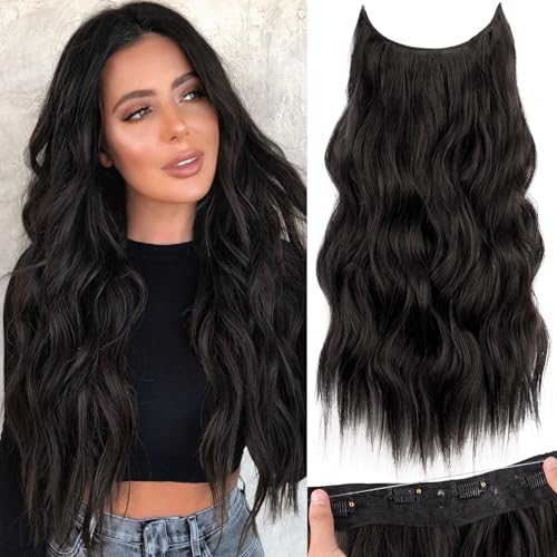 KooKaStyle Unsichtbarer Draht-Haarverlängerung mit transparentem Draht verstellbare Größe 4 sichere Clips langes gewelltes geheimes Haarteil 20 Zoll Dunkelbraun für Frauen von KooKaStyle