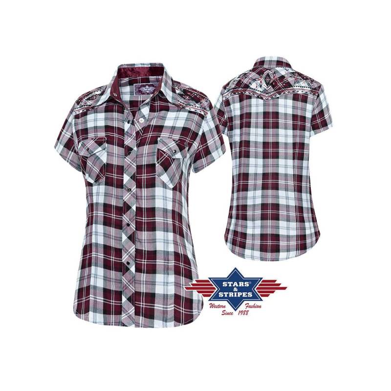 Kurzarm Damenbluse, Westernbluse Karobluse Pasadena" mit Stickerei" von Stars & Stripes