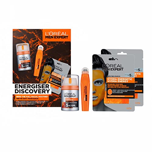 L'Oréal Paris Men Expert Energiser Discovery Geschenkset für Männer, Anti-Ermüdungs-Feuchtigkeitspflege, 50 ml, revitalisierender Augen-Roll-On 10 ml und Recharging Tissue Mask 30 g, Hydra Energetic von L'Oréal Men Expert