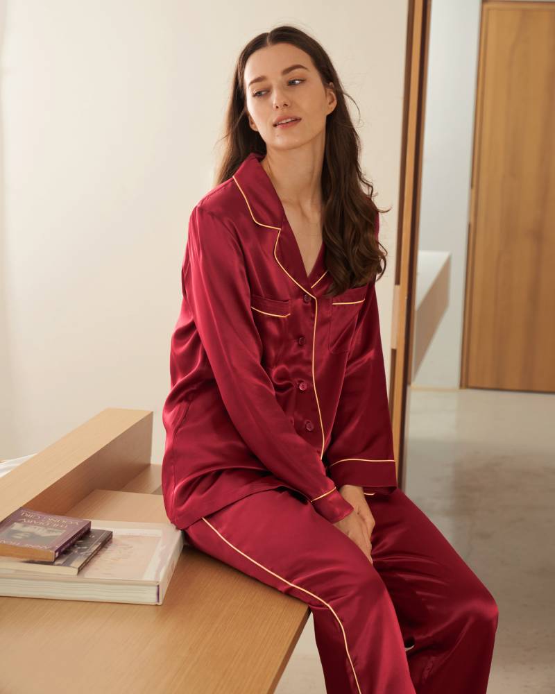 LILYSILK 22MM Goldener Besatz Silk Pyjamas Damen Rotwein M