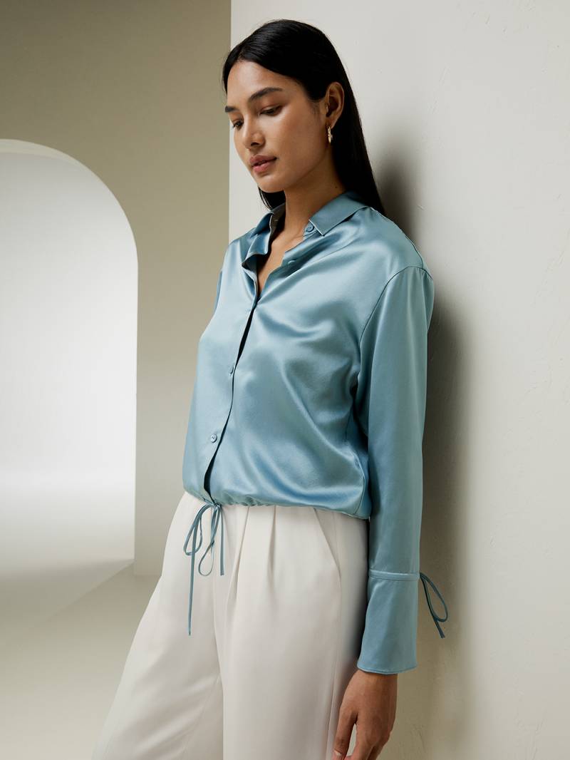 LILYSILK 22Momme Bluse Seide Damen 100% Seide Klasse 6A Normale Passform Atmungsaktiv Superleicht Neblig Blau XS Deutschland