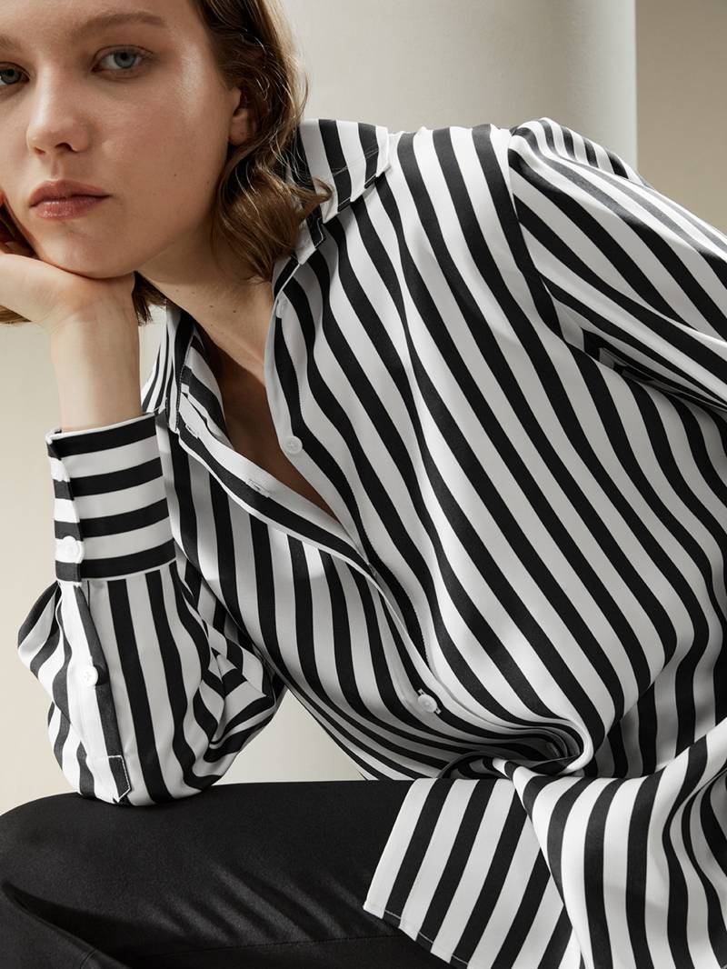 LILYSILK Bluse Seide Damen Charmeuse Seide Klassischer Fetter Streifen Leicht Und Weich Schwarz-Weiße Nadelstreifen L Deutschland