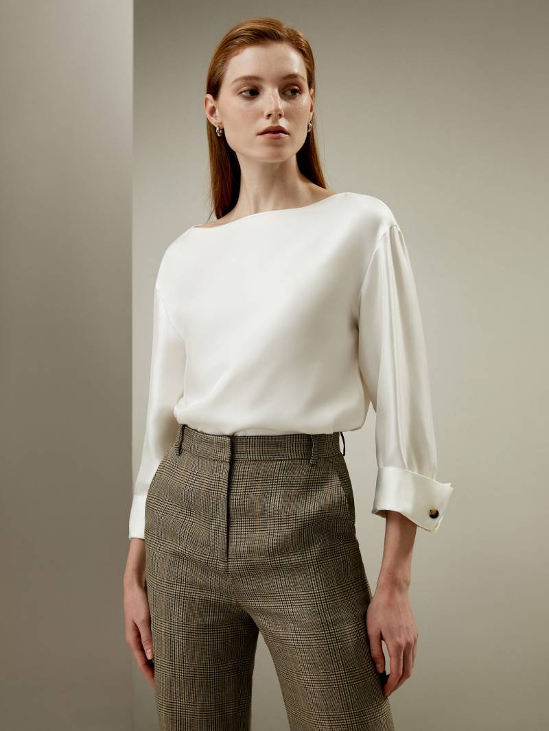 LILYSILK Bluse Seide Damen Papyrusweiß Deutschland Oversize-Passform U-Boot-Ausschnitt Elegante Silhouette M