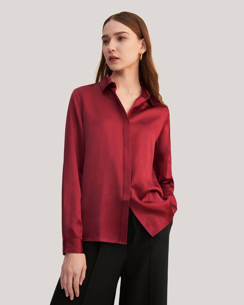 LILYSILK Bluse Seide Damen Rotwein DE 100% Reine Seide Mit Verdeckten Perlmuttknöpfe Hygroskopisch XL