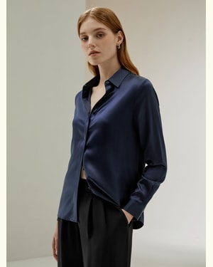 LILYSILK Bluse Seide Für Damen Dunkel Blau DE Charmeuse Seide Glatt Weich Glänzend Langärmeliges Glänzendes Finish Petite XS
