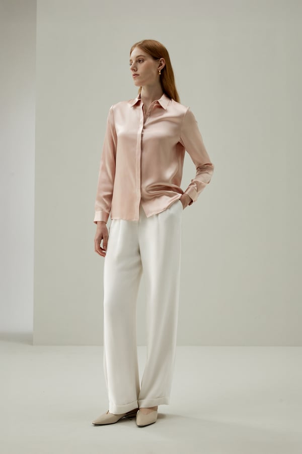 LILYSILK Damen Basic Seidenbluse aus Charmeuse Seide mit verdeckter Knopfleiste, Blassrosa, S