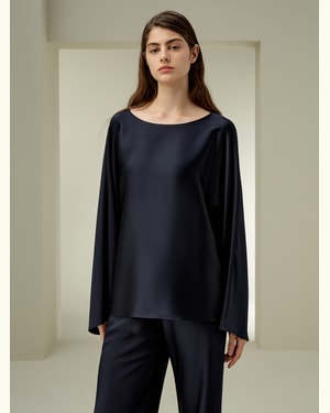 LILYSILK Damen Damen Seidenbluse Mitternachtsblau DE 32Mm Double-Faced Seide Breiter Rundhalsausschnitt 100% Maulbeerseide L