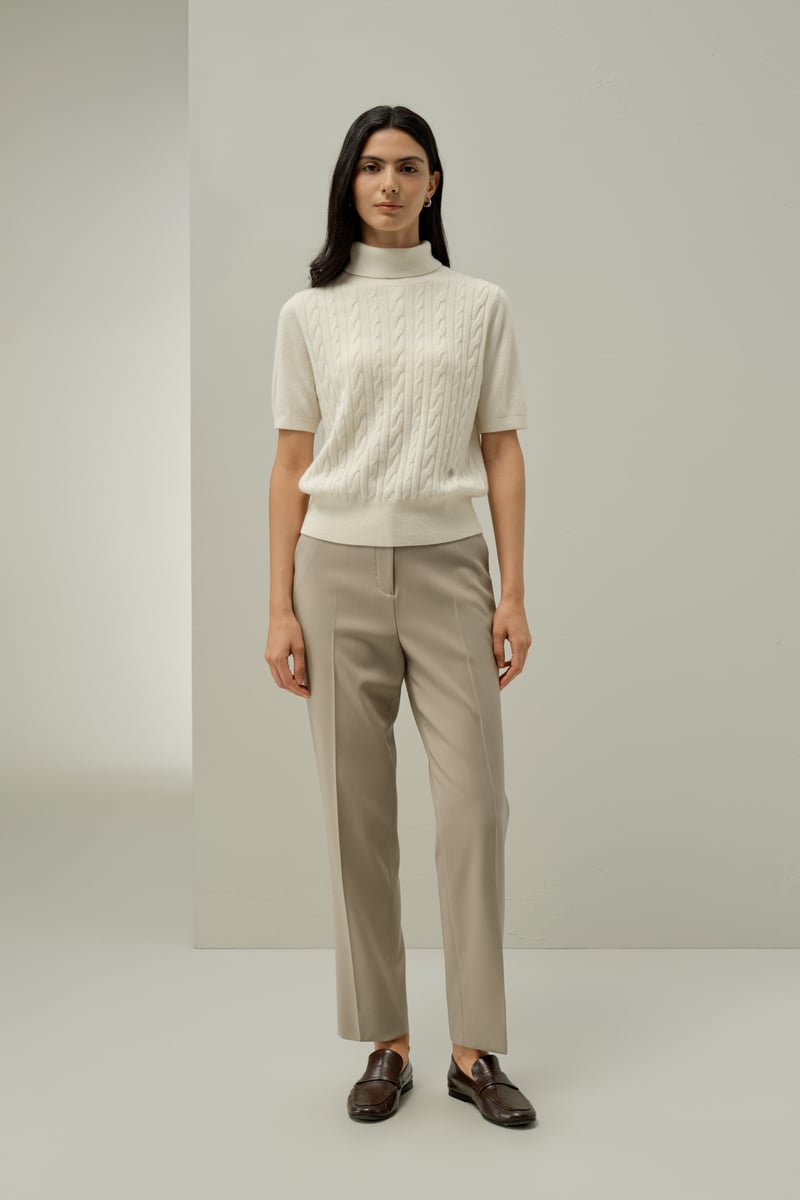 LILYSILK Damen Edler Baby-Kaschmir Rollkragenpullover mit Zopfmuster, Kurzarm Größe L