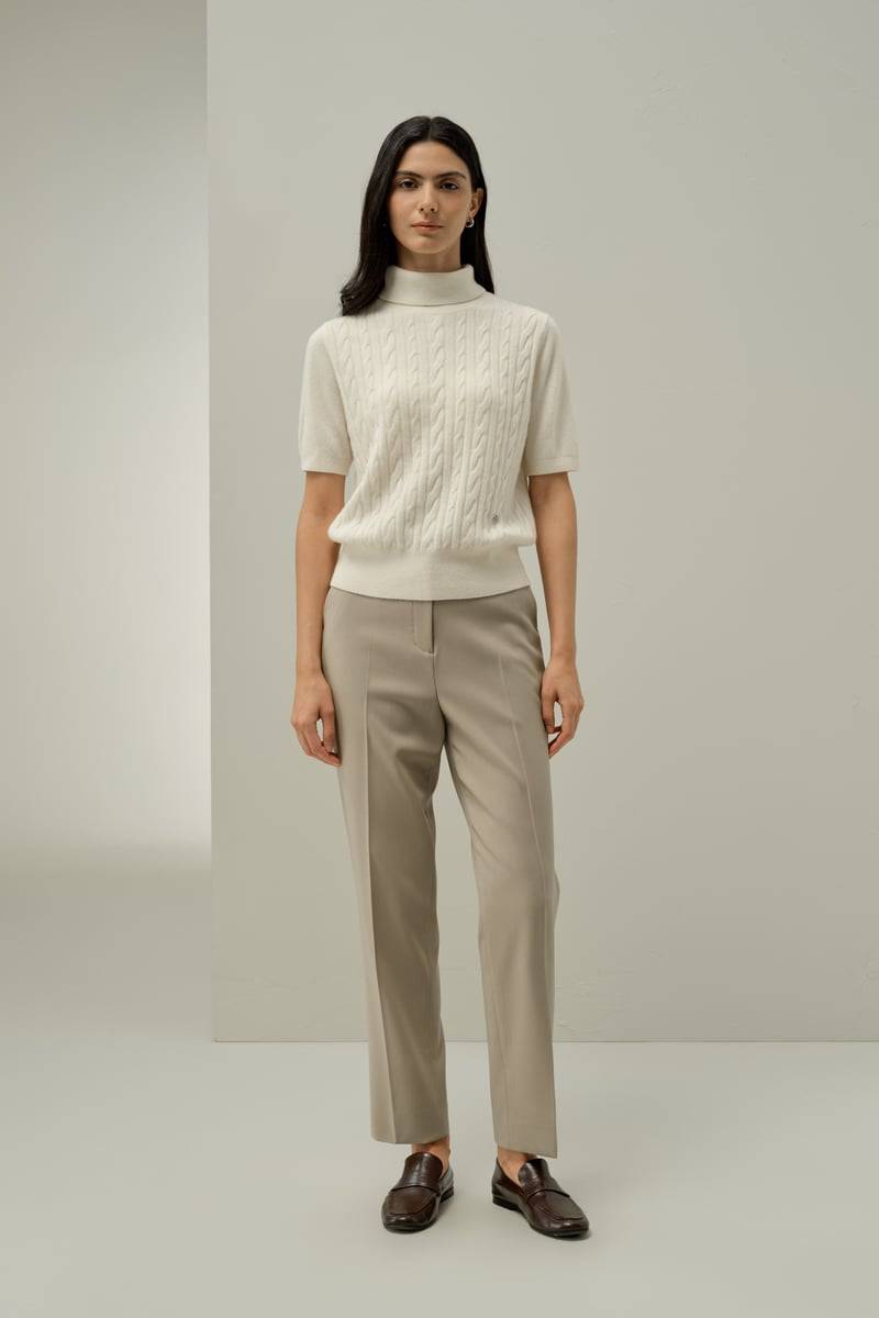 LILYSILK Damen Edler Baby-Kaschmir Rollkragenpullover mit Zopfmuster, Kurzarm Größe L