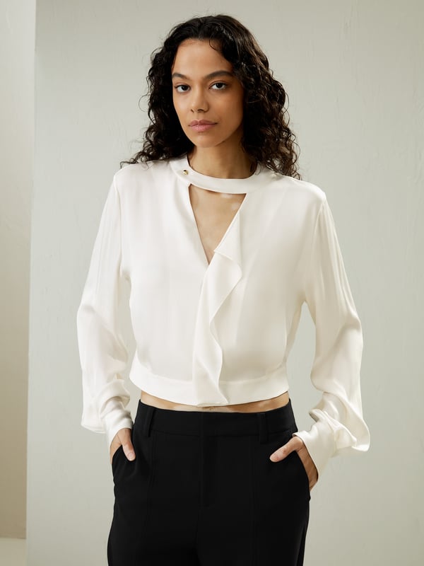 LILYSILK Damen Elegante Cropped Bluse aus 100% Seide mit V-Ausschnitt Perlwei? XXXS