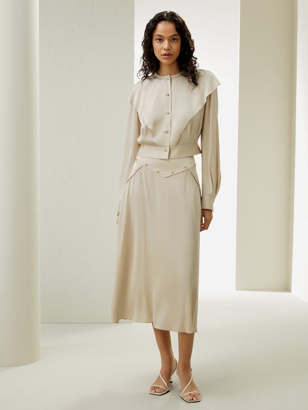 LILYSILK Damen Elegante Vintage Seidenbluse mit V-Doppelpasse in Creme, Größe XXS