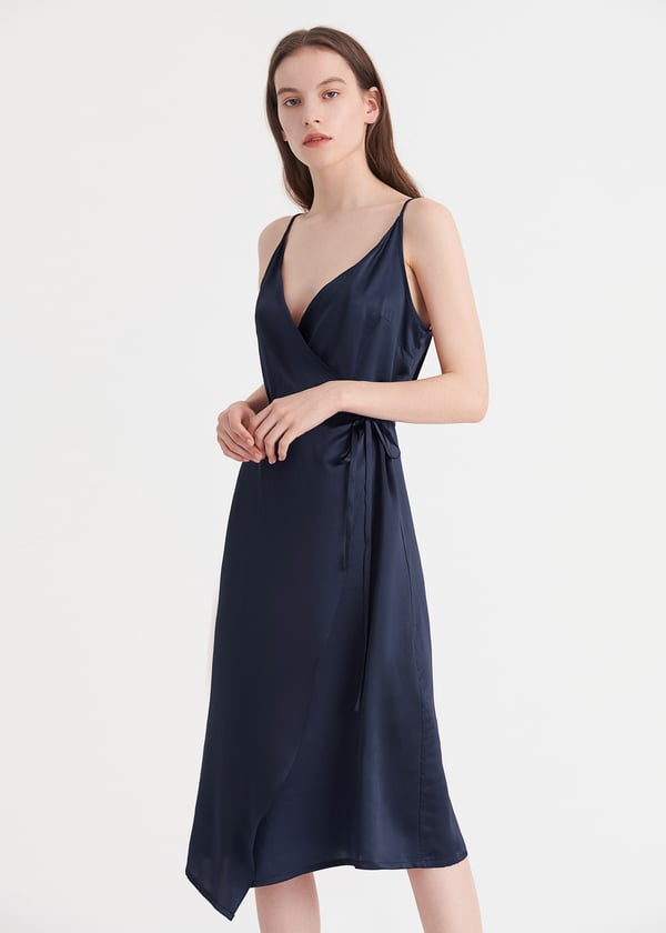 LILYSILK Damen Elegantes Seiden-Abendkleid mit V-Ausschnitt in Dunkelblau, Größe XS