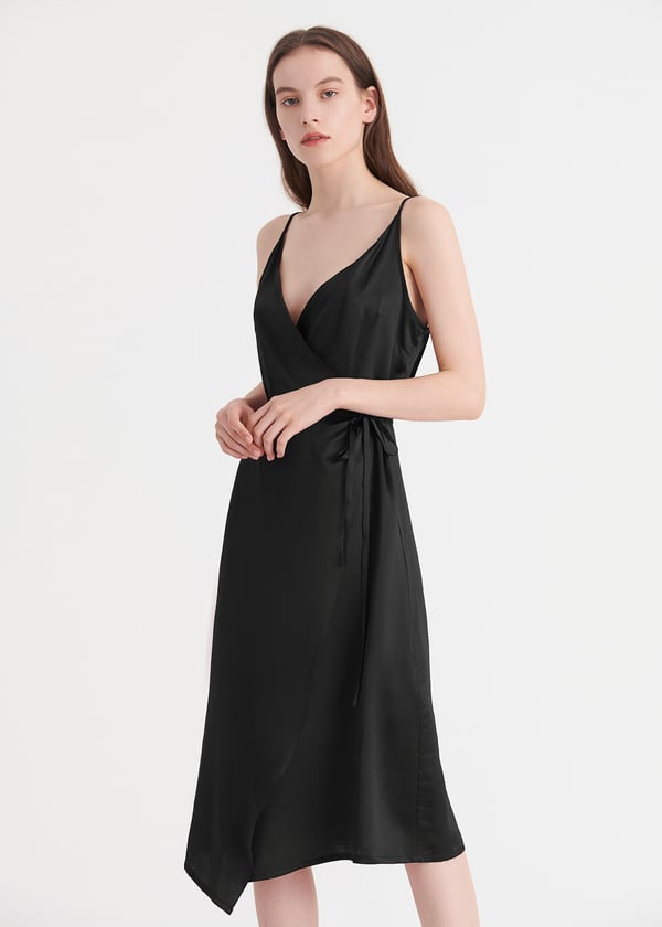 LILYSILK Damen Elegantes Seiden Abendkleid mit V-Ausschnitt & Taillenband in Schwarz, Größe S