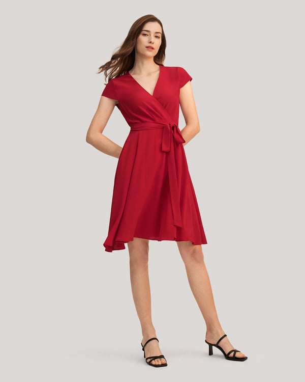 LILYSILK Damen Elegantes Wickelkleid aus 100% Seide Figurschmeichelnd in Crimson Größe 36