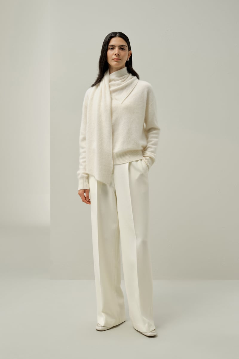 LILYSILK Damen Kaschmirpullover mit integriertem Schal, Luxus Strickpullover in Weiß, L