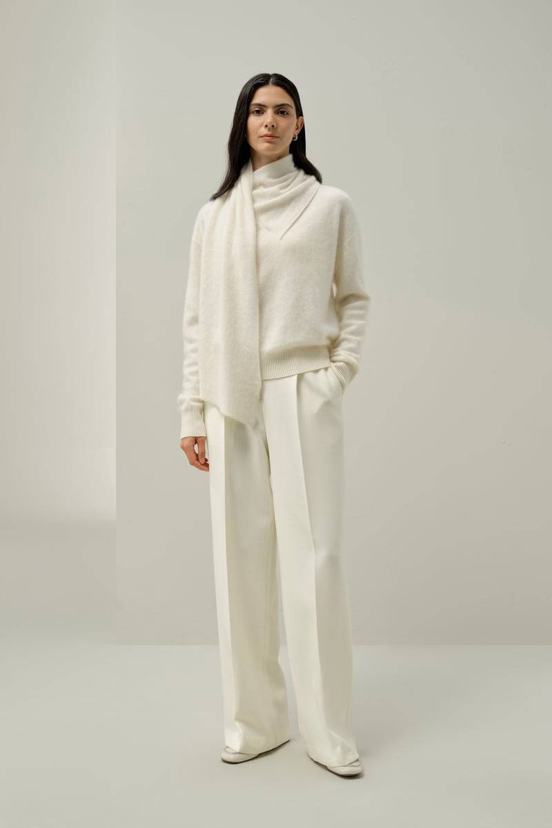 LILYSILK Damen Kaschmirpullover mit integriertem Schal, Luxus Strickpullover in Weiß, L