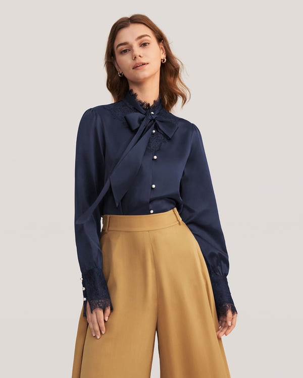 LILYSILK Damen Luxus Seidenbluse mit Spitze & abnehmbarer Schleife Dunkelblau XS