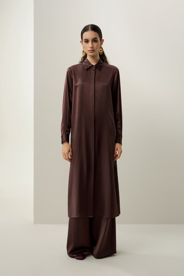 LILYSILK Damen Maxikleid aus Seiden-Charmeuse Langes Hemdblusenkleid Dunkelbraun M