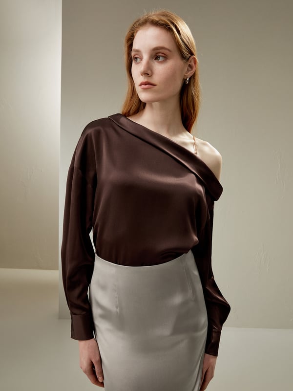 LILYSILK Damen One-Shoulder Oberteil aus Seide Charmeuse Elegant mit Kette Dunkler Kaffee S