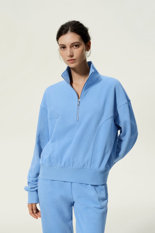 LILYSILK Damen Oversize Pullover aus Seidenmischung, lässig mit Half-Zip, Lagunenblau XS