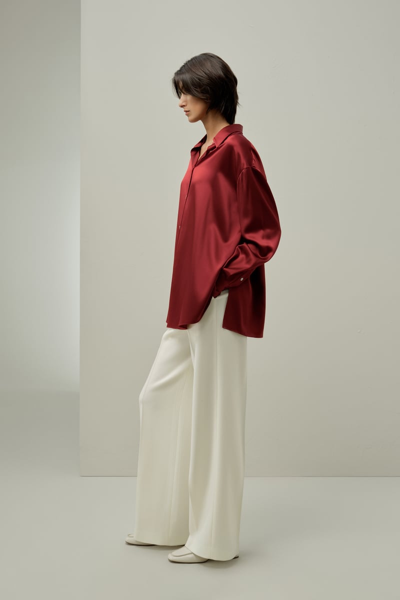 LILYSILK Damen Oversize Seidenbluse aus pflegeleichter Seide L?ssiges Hemd in Scharlachrot S