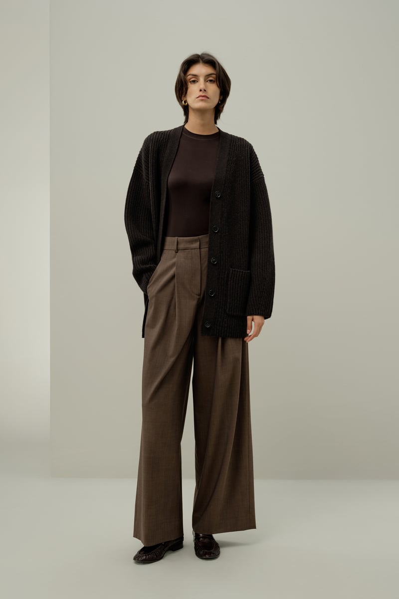 LILYSILK Damen Oversize Strickjacke aus Rippstrick mit Zopfmuster, Espresso, XL