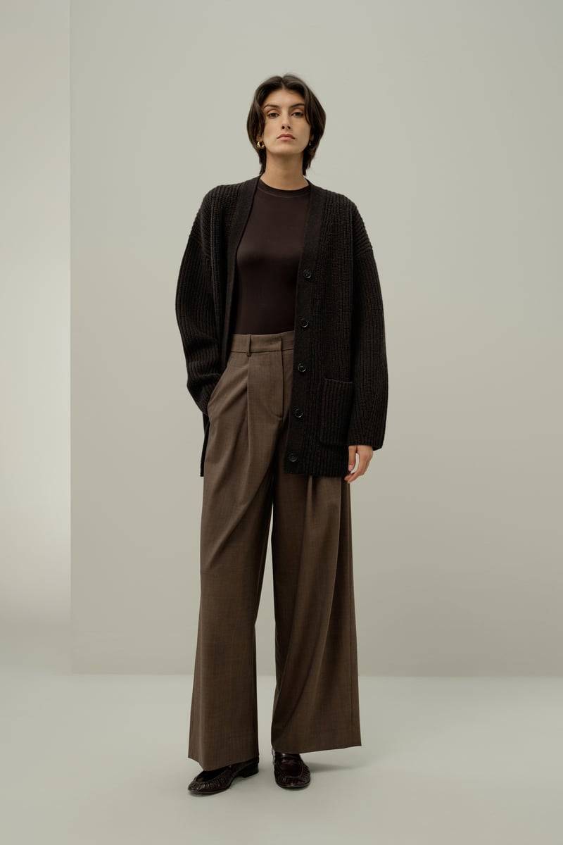 LILYSILK Damen Oversize Strickjacke aus Rippstrick mit Zopfmuster, Espresso, XL