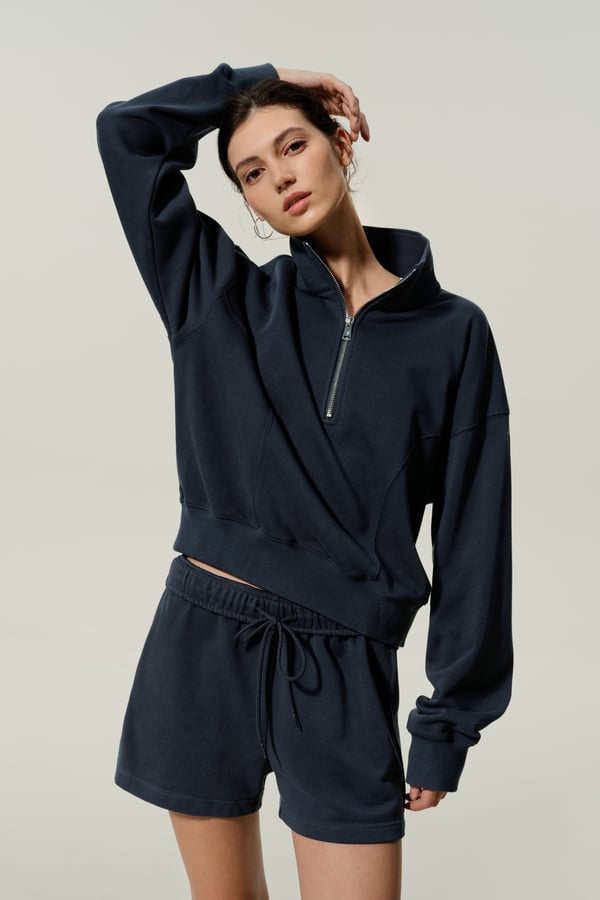 LILYSILK Damen Oversize Troyer aus Seiden-Mix | Weicher Half-Zip Pullover Dunkel XL