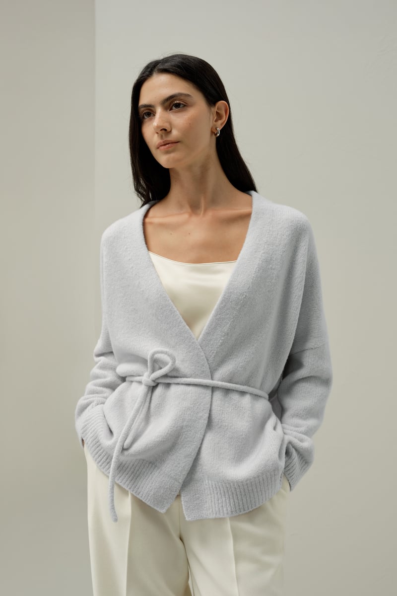 LILYSILK Damen Oversized Seide-Kaschmir elegante Bouclé Wickel-Strickjacke Eis S