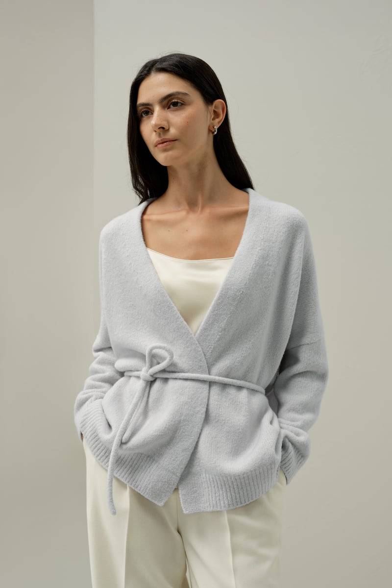 LILYSILK Damen Oversized Seide-Kaschmir elegante Bouclé Wickel-Strickjacke Eis S