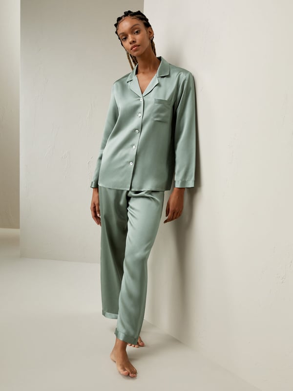 LILYSILK Damen Seide Schlafanzug Langarm Glatt & Weich Avocadogrün L