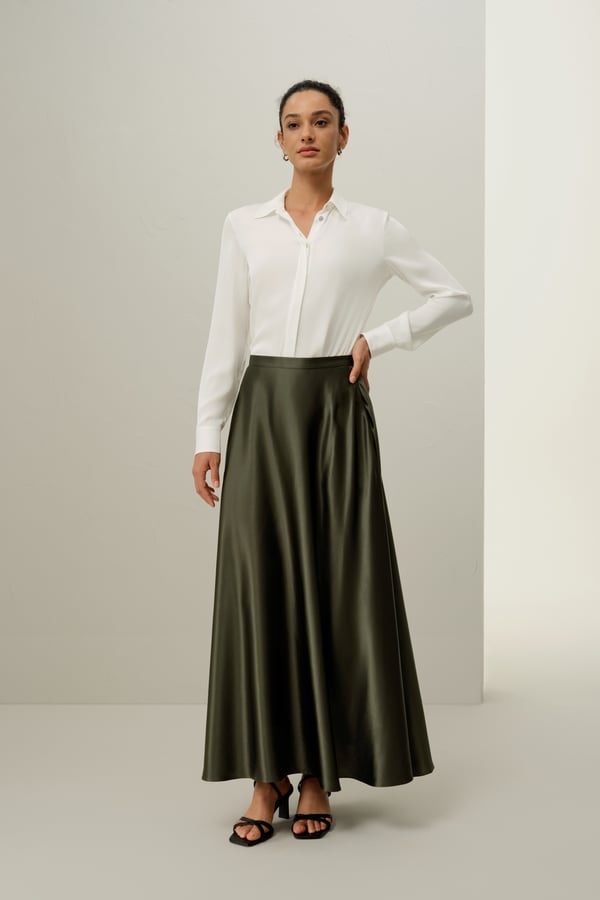 LILYSILK Damen Seiden Maxirock Regenschirmrock Dunkel Oliv 32/34 - Zarter Faltenrock, Atmungsaktiv