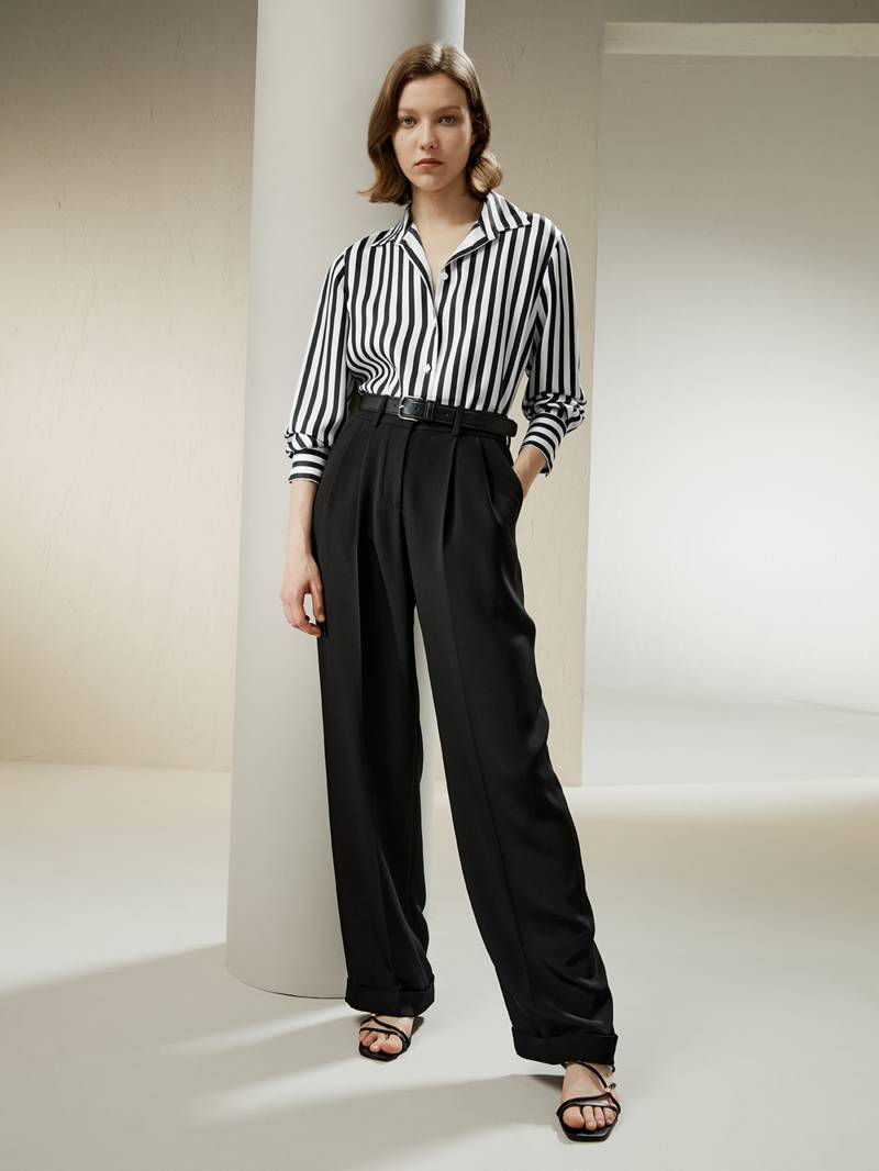 LILYSILK Damen Seidenbluse 16Mm Mit Amalfi Streifen Leicht Und Atmungsaktiv Schwarz-Weiße Nadelstreifen XS Deutschland