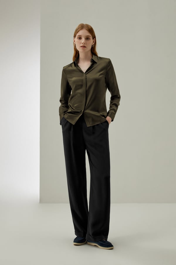 LILYSILK Damen Seidenbluse Charmeuse Glanz Weich Verdeckte Knopfleiste Dunkel Oliv M