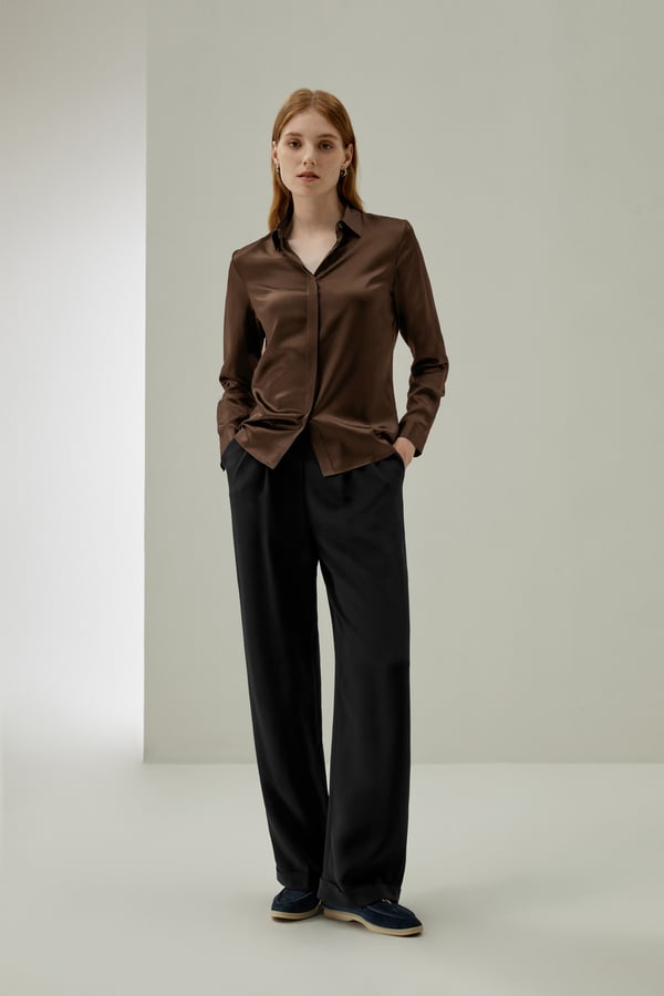 LILYSILK Damen Seidenbluse Schokolade LP - Charmeuse Seide, glänzend & weich