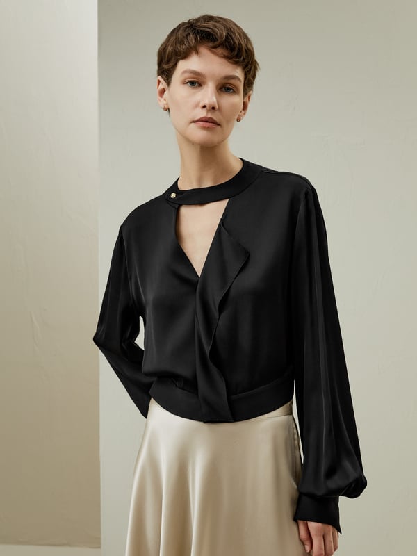 LILYSILK Damen Seidenbluse Schwarz DE 100% Double-Joe-Seide Kurzes Design Komfort Und Zeitlose Eleganz L