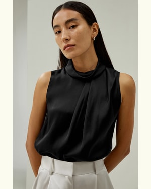 LILYSILK Damen Top Schwarz DE 100 % Oeko-Seide Asymmetrisches Design Normale Passform M