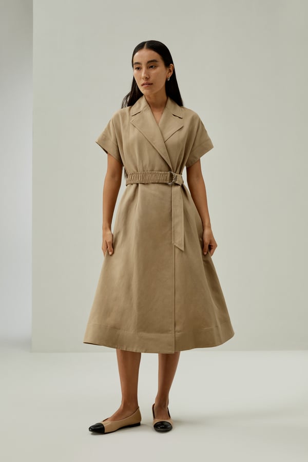 LILYSILK Damen Trenchkleid aus Seide Leinen Elegant Kurzarm Sommerkleid Eiche XXL