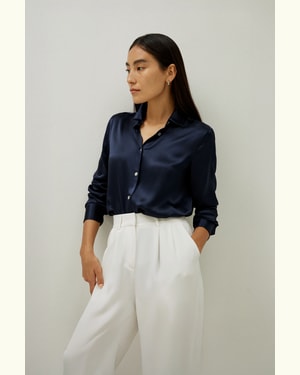 LILYSILK Frauen Bluse Seide Dunkel Blau DE 100% Seidencharmeuse Natürliche Muschelknöpfe Geeignet Für Arbeit Und Geschäft XS