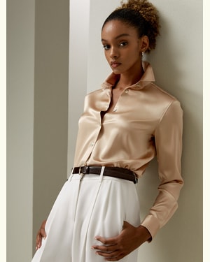LILYSILK Frauen Bluse Seide Hell Kamel DE Normale Passform Spreizkragen Und Muschelknopf Atmungsaktiv Petite S