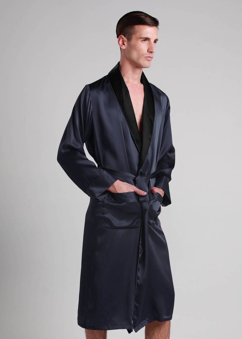 LILYSILK Herren Morgenmantel Seide Dunkel Blau Deutschland 100% Maulbeerseide Mittlere Weich Und Gemütlich XXL