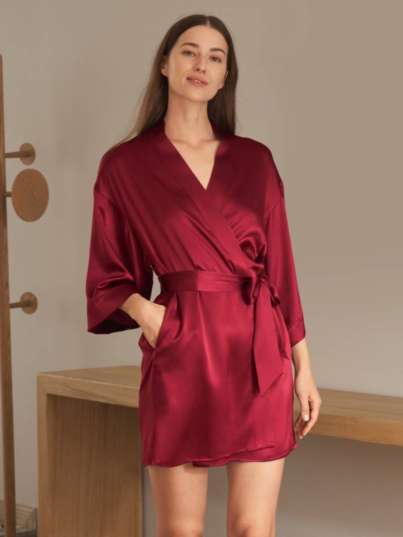 LILYSILK Morgenmantel Damen Seide Rotwein 100% Maulbeerseide Passender Gürtel Hygroskopisch M