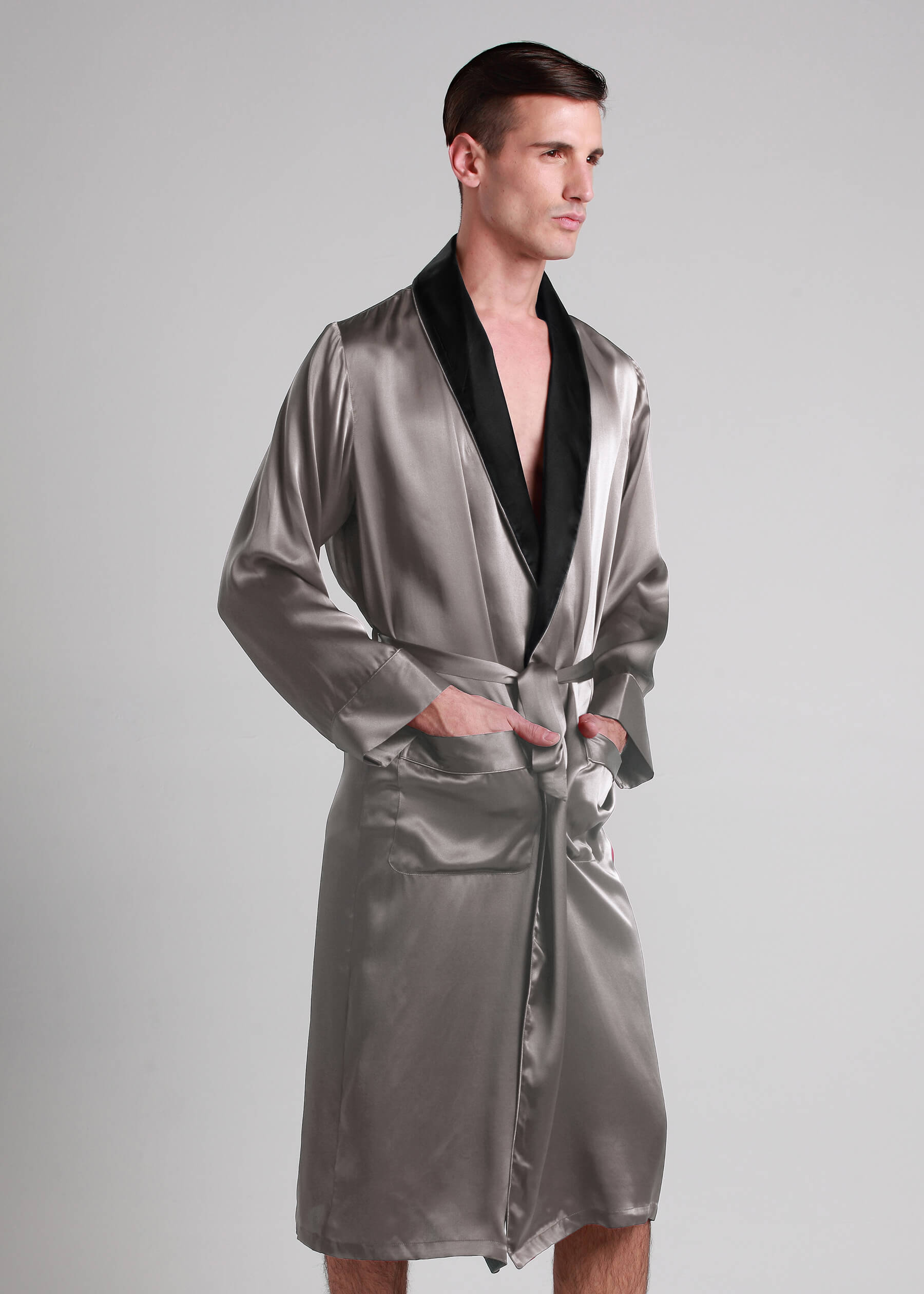 LILYSILK Morgenmantel Herren Seide Dunkel Grau DE 100% Grade 6A Maulbeerseide Mit Manschetten Leicht Und Weich L