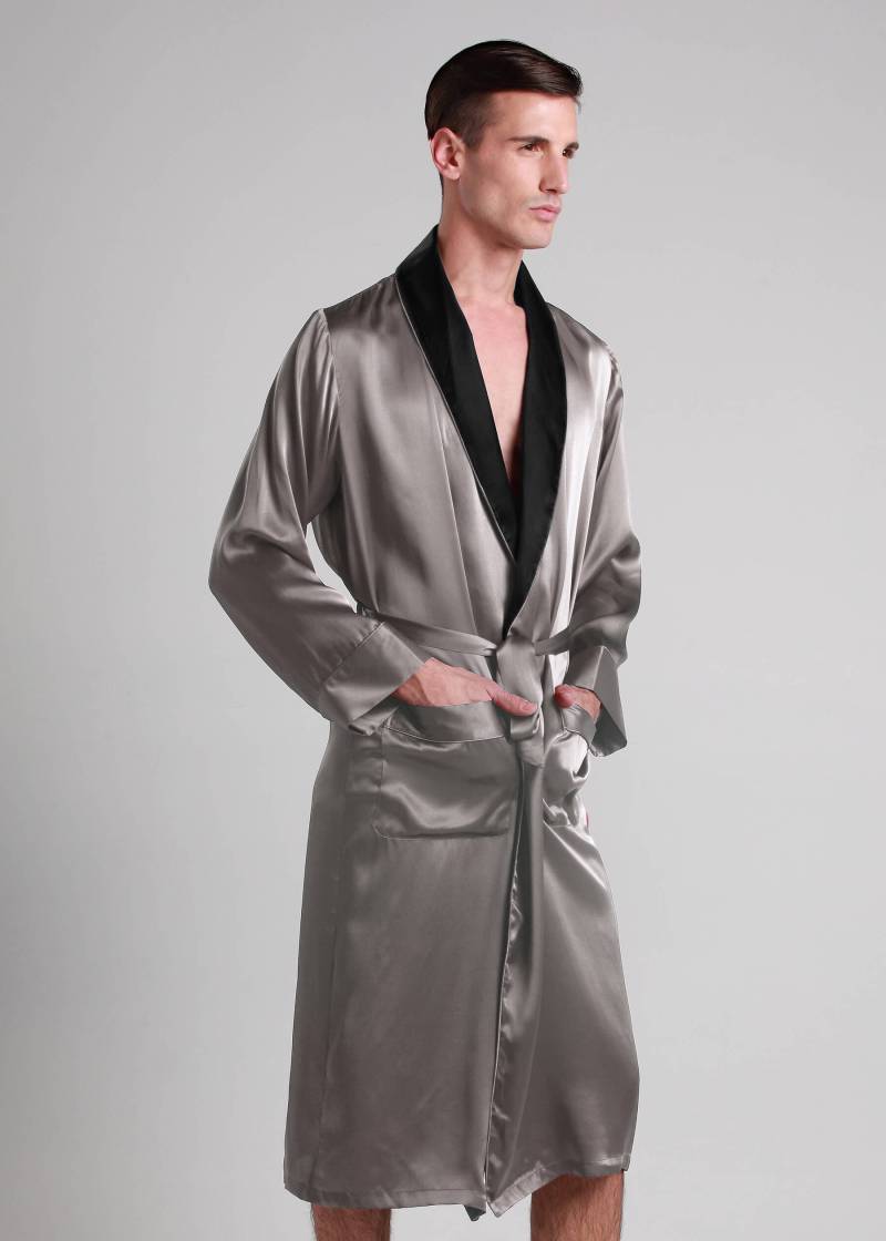 LILYSILK Morgenmantel Herren Seide Dunkel Grau DE 100% Grade 6A Maulbeerseide Mit Manschetten Leicht Und Weich L