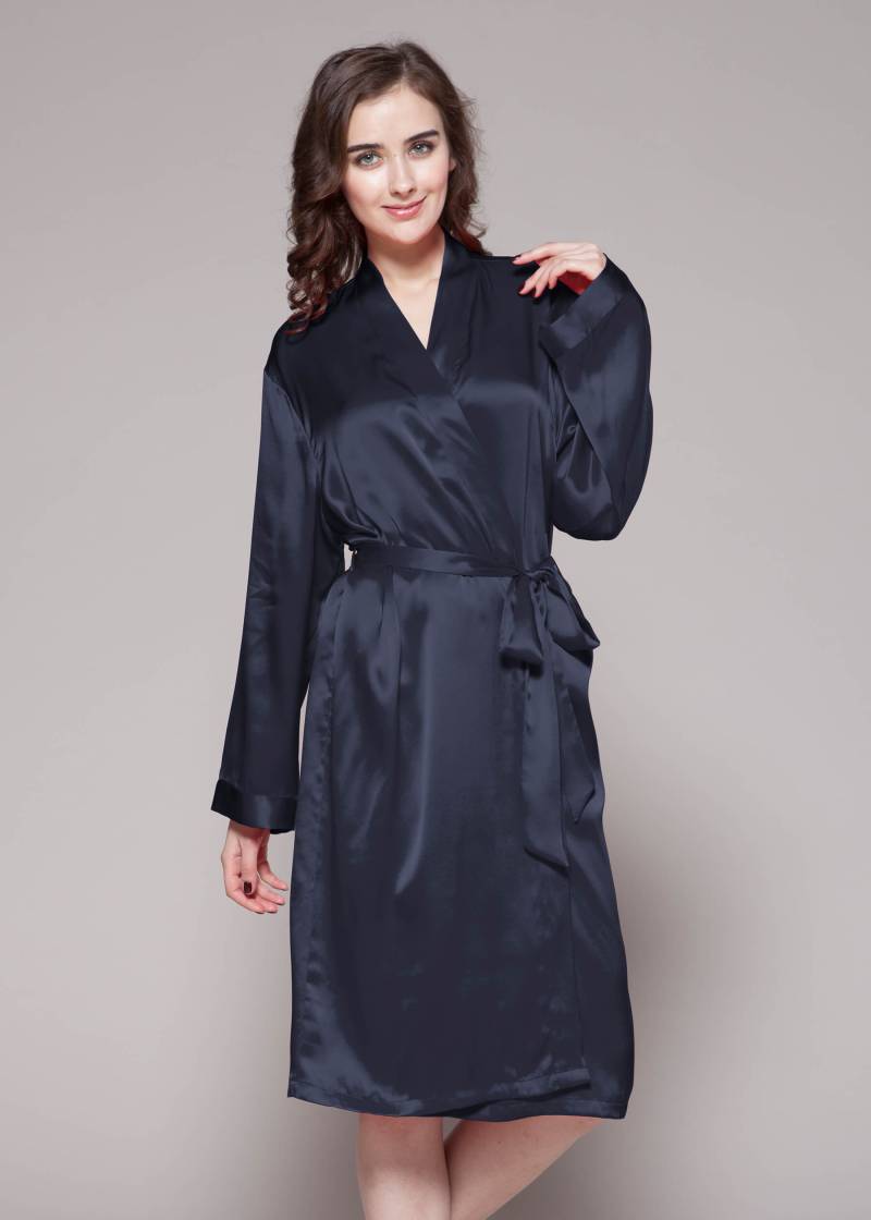 LILYSILK Morgenmantel Seide Damen Dunkel Blau Deutschland Charmeuse Seide Gebänderte Manschetten Leicht Und Atmungsaktiv XS